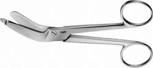 LISTER Bandage- And Cloth Scissors, angled to side, 160 mm (6 1/4"), excentric, serrated (inside), 1 blade probe pointed, non-sterile, reusable