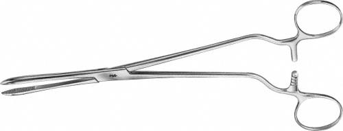 CHERON Dressing Forceps, straight, 240 mm (9 1/2"), serrated, box lock, handles angled to side, with ratchet, non-sterile, reusable