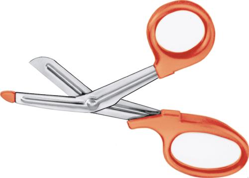 Bandage- And Cloth Scissors, angled to side, 180 mm (7"), universal, serrated (inside), 1 blade probe pointed, 1 large ring, plastic handles, orange, non-sterile, reusable