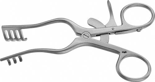 JEFFERSON Retractor (Self Retaining), angled, 140 mm (5 1/2"), 3 x 4 prongs, blunt, non-sterile, reusable