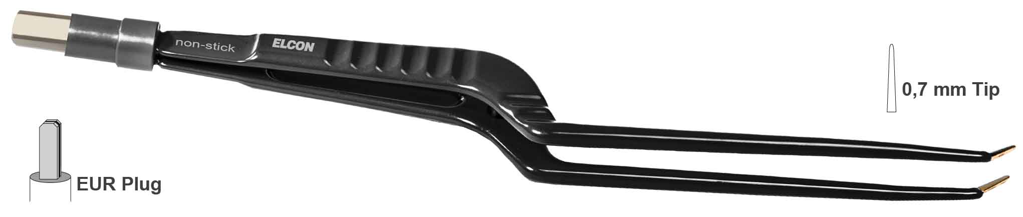BIPOLAR FORCEPS 300MM, 0.7MM, BAYONETT DOWNWARDS ANGLED WITH STOP GUIDING PIN WIDE HANDLE, NON STICK