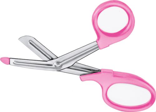 Bandage- And Cloth Scissors, angled to side, 180 mm (7"), universal, serrated (inside), 1 blade probe pointed, 1 large ring, plastic handles, pink, non-sterile, reusable