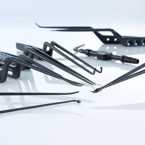 NOIR Micro Forceps, 210 mm (8 1/4"), working length: 90 mm (3 1/2"), bayonet-shaped, fine, round handle (black), Golfball design handle, width: 0,900 mm, diamond dust coated, black, non-sterile, reusable