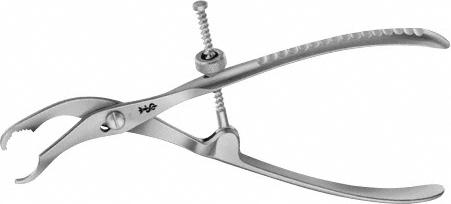 Bone Holding Forceps, curved to side, 145 mm (5 3/4"), adjustable screw lock, with thread fixation, width: 3 mm, non-sterile, reusable