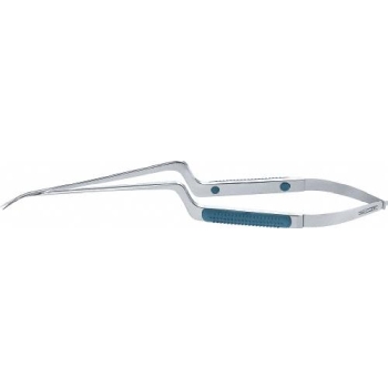 SENSATION Micro scissors, angled left, 45 °, 215 mm (8 1/2"), working length: 90 mm (3 1/2"), bayonet-shaped, sharp/sharp, round plastic handle, blue, non-sterile, reusable