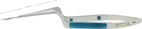 SENSATION Micro scissors, curved upwards, 195 mm (7 3/4"), working length: 70 mm (2 3/4"), bayonet-shaped, sharp/sharp, round plastic handle, blue, non-sterile, reusable