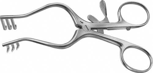WULLSTEIN Retractor (Self Retaining), angled, 125 mm (5"), 3 x 3 prongs, sharp, non-sterile, reusable
