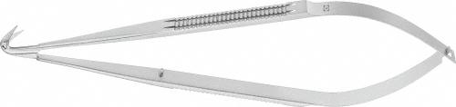 Micro scissors, angled, 125 °, 165 mm (6 1/2"), ultra delicate blade, sharp/sharp, flat handle, non-sterile, reusable