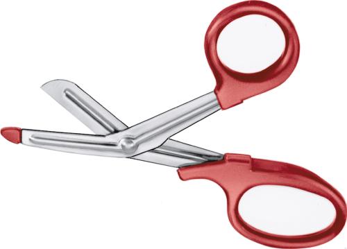 Bandage- And Cloth Scissors, angled to side, 180 mm (7"), universal, serrated (inside), 1 blade probe pointed, 1 large ring, plastic handles, red, non-sterile, reusable