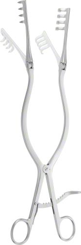 BECKMANN-ADSON Retractor (Self Retaining), with joint, 310 mm (12 1/4"), 4 x 4 prongs, semi-sharp, with ratchet, non-sterile, reusable