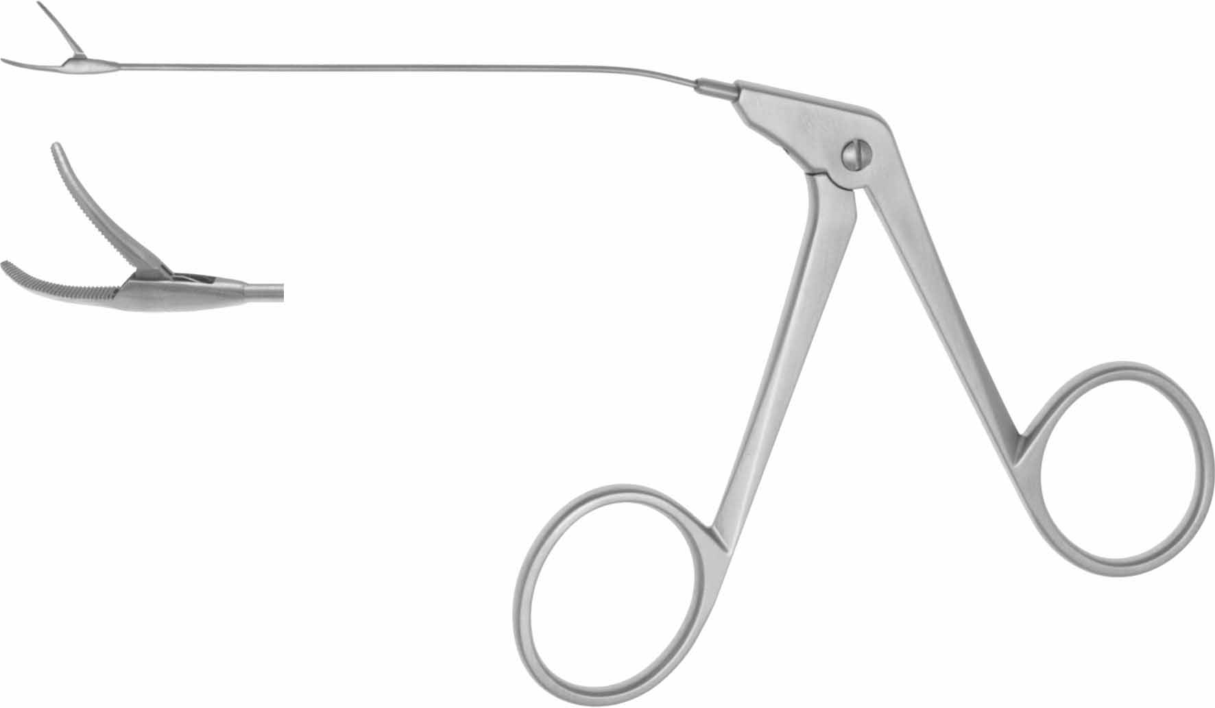 MICRO ALLIGATOR EAR FORCEPS 80MM, CURVED RIGHT, JAWS 0,5X7,0MM, SERRATED, TUBULAR SHAFT Ø 0,9MM