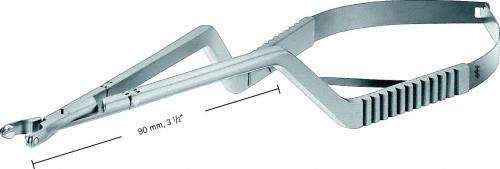 YASARGIL Clip Applier Forceps, 210 mm (8 1/4"), working length: 90 mm (3 1/2"), bayonet-shaped, with ratchet, mini, phynox, non-sterile, reusable, to be used with: FT402800