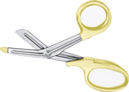 Bandage- And Cloth Scissors, angled to side, 180 mm (7"), universal, serrated (inside), 1 blade probe pointed, 1 large ring, plastic handles, yellow, non-sterile, reusable