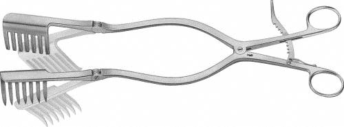 BECKMANN-EATON Laminectomy Retractor, with joint, 320 mm (12 1/2"), 7 x 7 prongs, sharp, with ratchet, non-sterile, reusable
