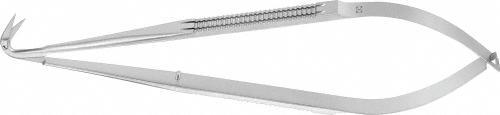 Micro scissors, angled, 125 °, 165 mm (6 1/2"), very delicate blade, sharp/sharp, flat handle, non-sterile, reusable
