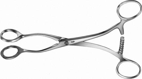 COLLIN Tongue Forceps, straight, 170 mm (6 3/4"), oval, serrated, fenestrated, screw lock, with ratchet, non-sterile, reusable