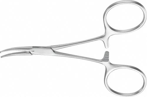 MOSQUITO (HARTMANN) Hemostatic Forceps, curved, 100 mm (4"), delicate, toothed (1x2), non-sterile, reusable