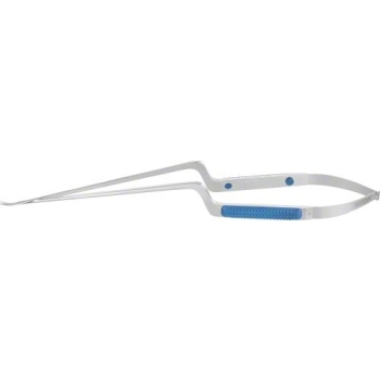 SENSATION Micro scissors, curved upwards, 245 mm (9 5/8"), working length: 120 mm (4 3/4"), bayonet-shaped, blunt/blunt, round plastic handle, blue, non-sterile, reusable