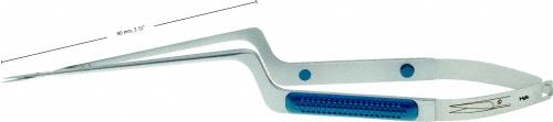 SENSATION Micro scissors, straight, 215 mm (8 1/2"), working length: 90 mm (3 1/2"), bayonet-shaped, sharp/sharp, round plastic handle, blue, non-sterile, reusable