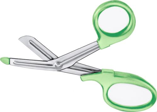 Bandage- And Cloth Scissors, angled to side, 180 mm (7"), universal, serrated (inside), 1 blade probe pointed, 1 large ring, plastic handles, light green, non-sterile, reusable