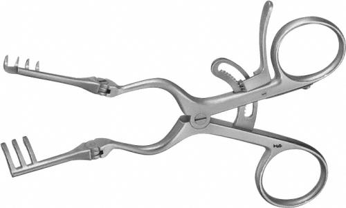 ADSON (BABY) Retractor (Self Retaining), with joint, 140 mm (5 1/2"), 3 x 4 prongs, semi-sharp, non-sterile, reusable