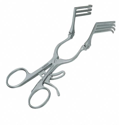 MIASPAS MINI-TTA Retractor (Self Retaining), self-retaining, with joint, 3 x 4 prongs, sharp, with ratchet, depth: 30 mm, non-sterile, reusable