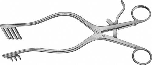 ADSON Retractor (Self Retaining), 265 mm (10 1/2"), 3 x 4 prongs, sharp, with ratchet, non-sterile, reusable