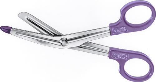 LISTER Bandage- And Cloth Scissors, angled to side, 145 mm (5 3/4"), universal, serrated (inside), 1 blade probe pointed, plastic handles, violet, non-sterile, reusable