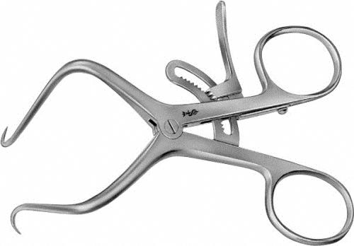 DE BAKEY Femur Retractor, angled, 100 mm (4"), for children, 1 x 1 prong, sharp, non-sterile, reusable