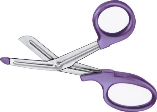Bandage- And Cloth Scissors, angled to side, 180 mm (7"), universal, serrated (inside), 1 blade probe pointed, 1 large ring, plastic handles, violet, non-sterile, reusable