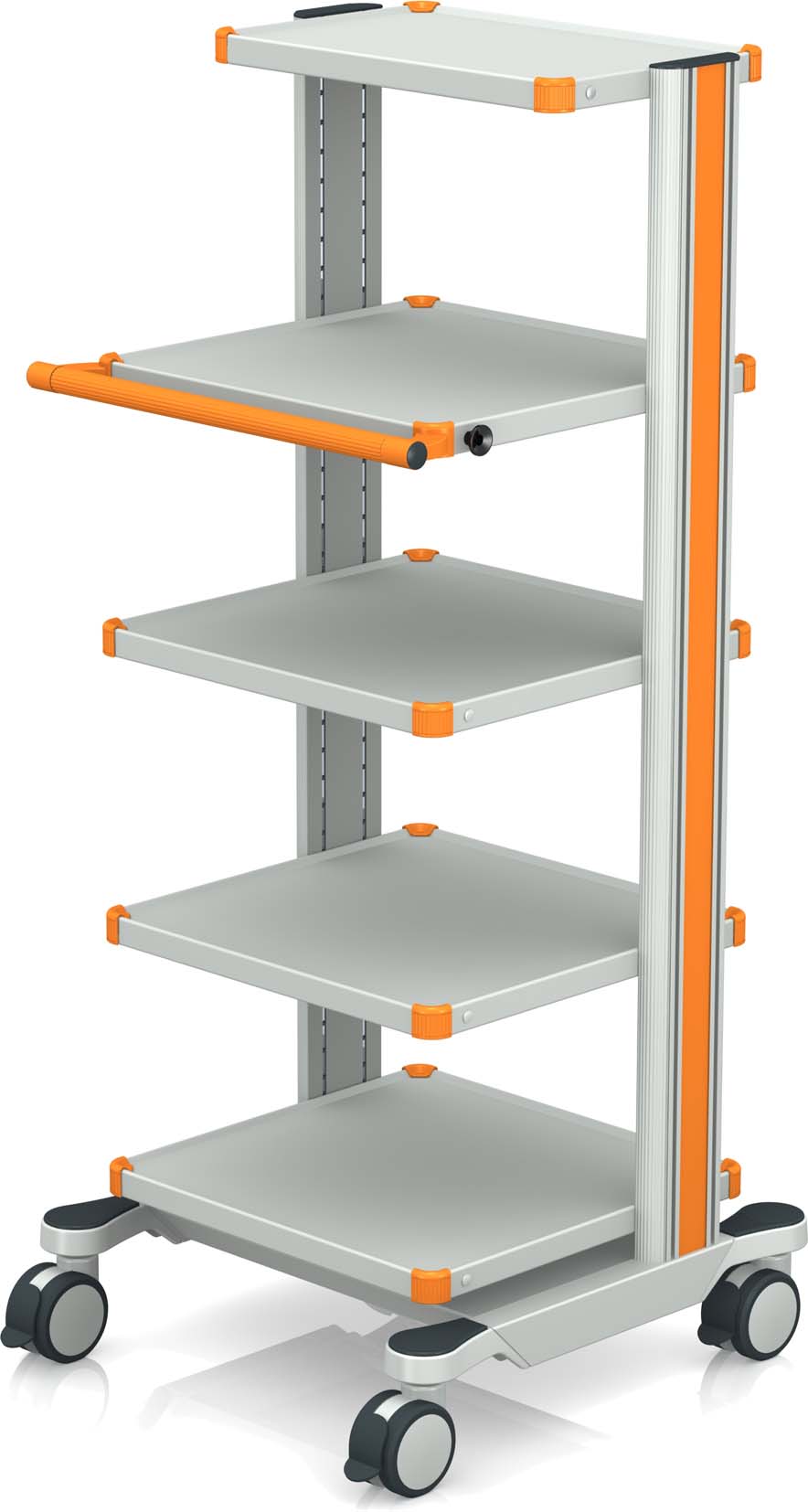 EQUIPMENT CART, GREY/ORANGE, 144CM HIGH 3 SHELVES + 1 SHELF W HANDLE + 1 MONITOR SHELF, ANTISTATIC, CAMERA HEAD HOLDER