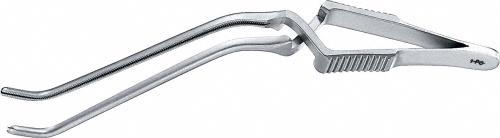 GREGORY ATRAUMATA Bulldog Clamp, curved to left, 120 mm (4 3/4"), soft, toothing DE BAKEY, jaw length: 70 mm (2 3/4"), Fig. A, non-sterile, reusable
