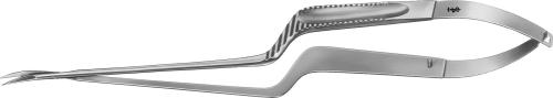 Micro scissors, curved upwards, 190 mm (7 1/2"), bayonet-shaped, sharp/sharp, flat handle, non-sterile, reusable