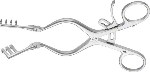 ADSON (BABY) Retractor (Self Retaining), with joint, 165 mm (6 1/2"), 3 x 4 prongs, semi-sharp, non-sterile, reusable