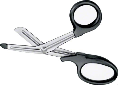 Bandage- And Cloth Scissors, angled to side, 180 mm (7"), serrated (inside), 1 blade probe pointed, 1 large ring, plastic handles, black, non-sterile, reusable